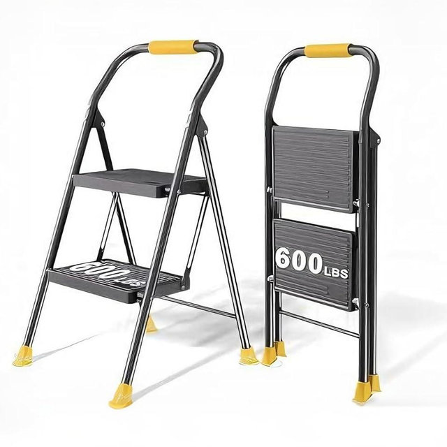 Foldable Step Ladder Folding Stool - 2 Stepping Extension Tall Heavy Duty with Handrails for Home Adults Kitchen - Extendable Stepladder Closet Stepstool Stair Ladders for Indoor House 600Lbs