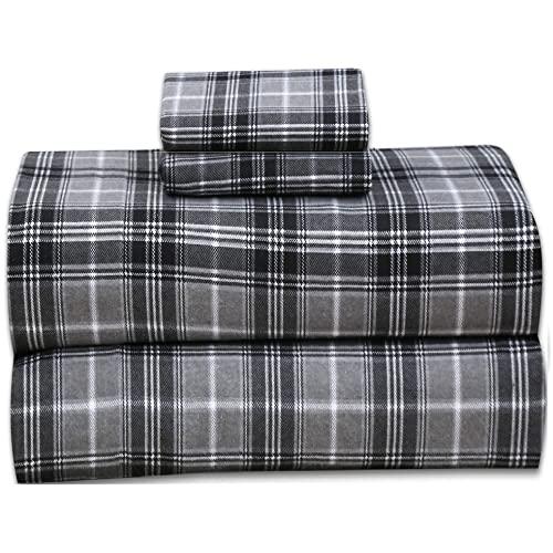 Ruvanti 100% Cotton 4 Piece Flannel Sheets Queen - Deep Pocket - Warm - Super Soft - Breathable Flannel Bed Sheets Set Queen Include Flat Sheet, Fitted Sheet & 2 Pillowcases (Buffalo Check Grey Plaid)