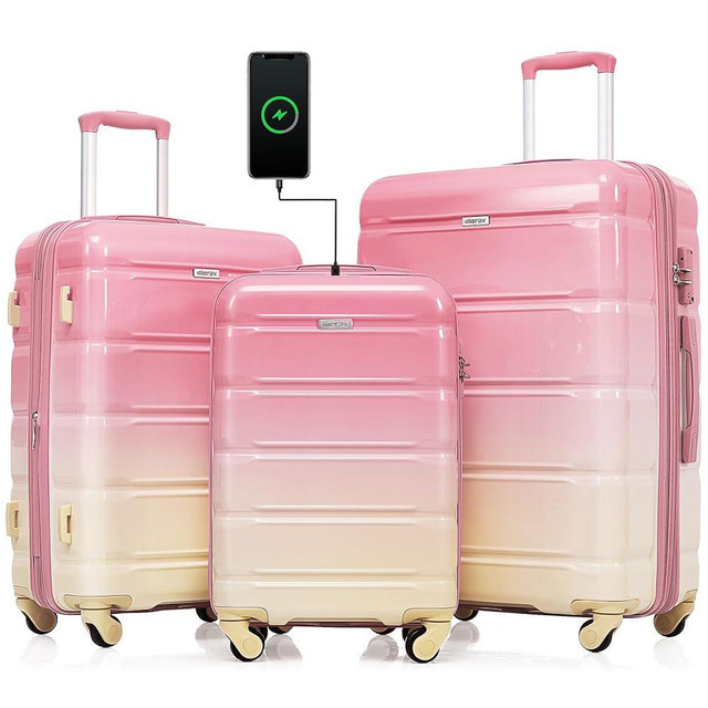 Merax 3 Piece Hardshell Luggage Sets Expandable Spinner Wheel Suitcases Cup Holder, Pink/Yellow(Horizontal Stripe), 20/24/28 Inch
