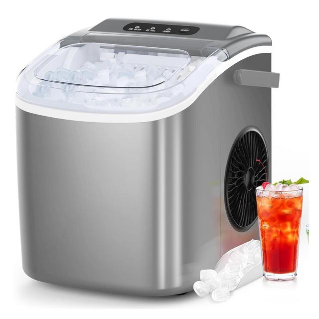 ZAFRO Ice Maker Countertop, Portable Ice Machine with Self-Cleaning, 26.5lbs/24Hrs, 9 Bullet Ice Cubes in 6 Mins, Ice Basket and Scoop, Grey