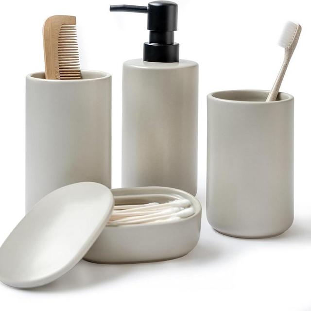 JO LAVIE - Beige Bathroom Accessory Sets, 4 Pieces Bathroom Accessories Complete Set Vanity Countertop Accessory Set, Includes Lotion Dispenser Soap Pump, Tumbler, Toothbrush Holder, Qtip Holder