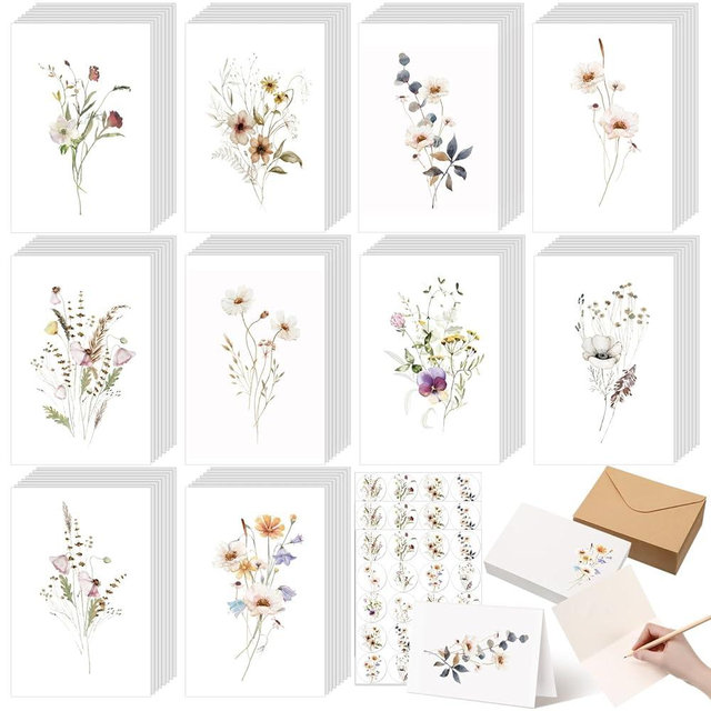 Motiskyy 100 Pcs Blank Note Cards and Envelopes 4x6 Elegant Floral Blank Greeting Cards with Matching Peel-and-Seal Stickers Plain Notecards Stationery forValentine's Day Mother's Day, 10 Designs