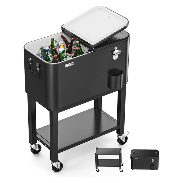 VINGLI Patio Cooler, Rolling Ice Chest on Wheels, Portable Patio Party Bar Drink Cooler Cart Black