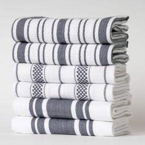 Kitchen Towels Set – Pack of 6 (20’’ x 30’’) Extra Large Premium Cotton Dish Towels for Kitchen – Absorbent – 100% Cotton – with Hanging Loop – Dark Grey Multi Design Striped