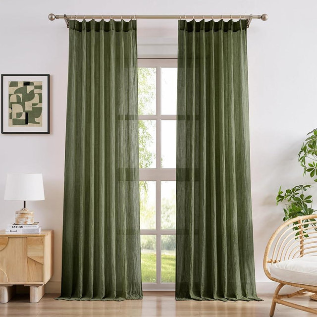 Melodieux Cotton Textured Green Curtains 84 Inches Long, Light Filtering Sheer Curtains for Living Room Bedroom, Pinch Pleated and Back Tab Drapes with Hooks, 2 Panels, 40x84 Inch, Olive Green