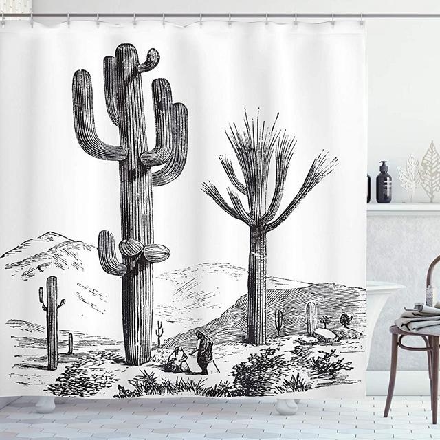Ambesonne Cactus Shower Curtain, Sketchy Hand Drawn Print of Desert Plants with Mexican Travellers Image, Cloth Fabric Bathroom Decor Set with Hooks, 70" Long, Charcoal Grey