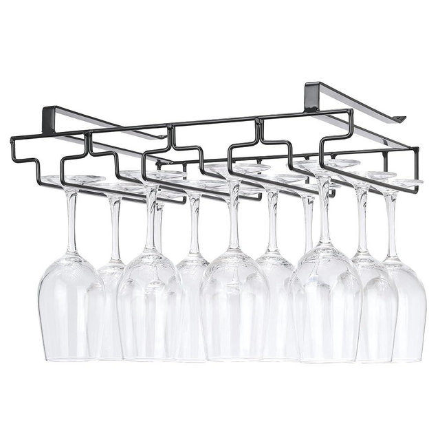 Wine Glass Rack Under Cabinet Drilling Free No Screw Steamware Holder Under Shelf Metal Wine Glasses Holders 304 Stainless Steel Hanger Storage Organizer Hanging Glass Fit for Bar Kitchen 4 Rows Black