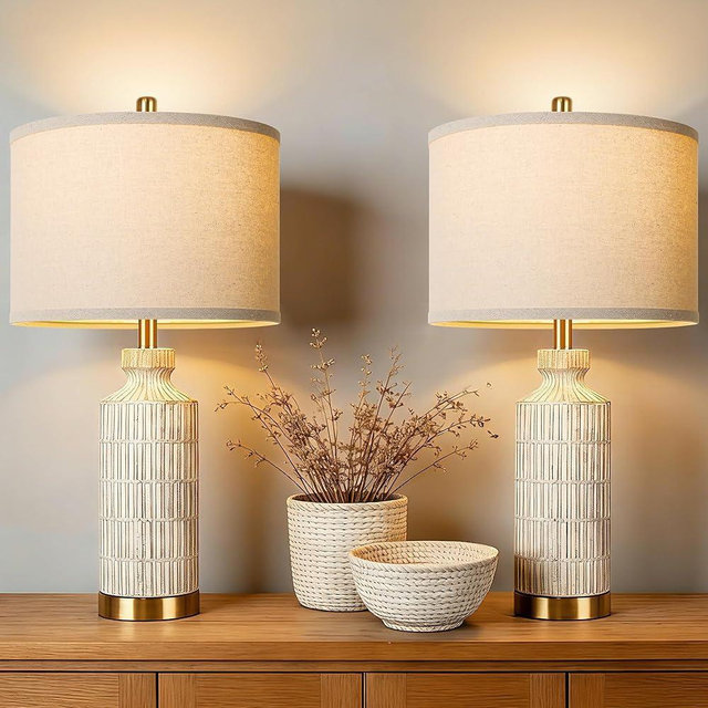 WIHTU Ceramic Table Lamps, 26'‘ Modern Table Lamps Set of 2, Nightstand Lamps for Bedroom, White Washed Desk Lamps, Bedside Lamps for Living Room, Gold Metal Base, Home Decorative, 2 Bulb Included