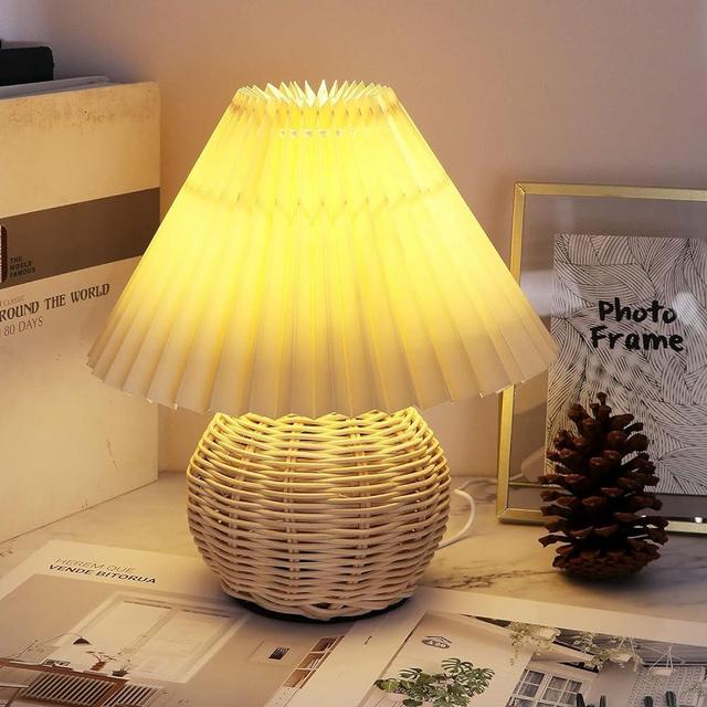SS SUNSBELL Table Lamp Rattan Pleated Vintage Bedside Lamps, Dimming 3 Light Colors Adjustable Timing Reading Lamp USB Plug-in Power with Remote Control for Living Room College Dorm Office