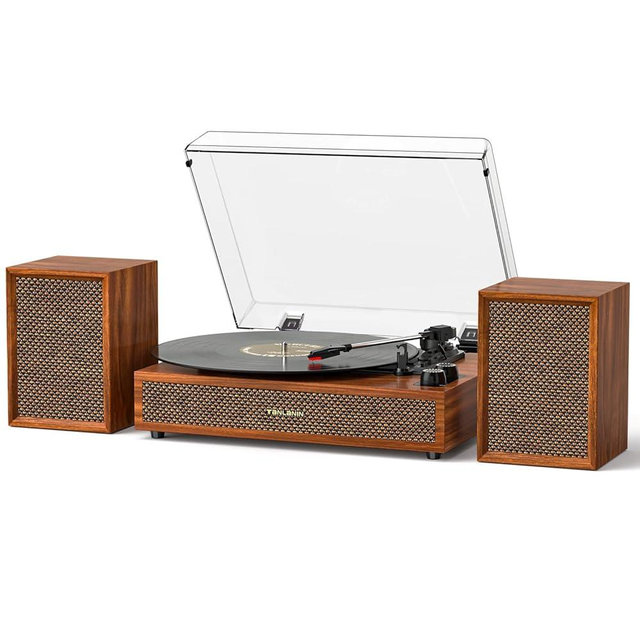 Record Player with External Speakers Vintage Bluetooth Turntable for Vinyl Records Dual Stereo Speakers Belt-Drive LP Player Support 3 Speed 3 Size Records AUX RCA Output Auto Stop Brown Wood