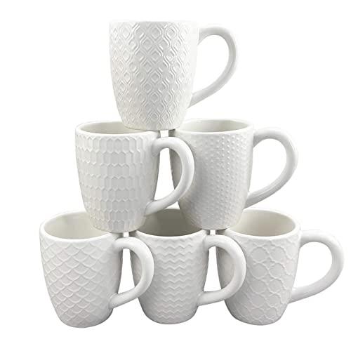 Schliersee White Ceramic Coffee Mugs set of 6, Stylish Embossed Coffee Cups Set with Different Patterns, for Coffee, Tea, Milk, Cocoa, Cereal (13.5 Ounce)