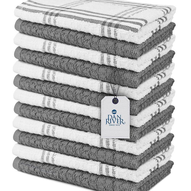 DAN RIVER Kitchen Wash Cloths for Dishes - Pack of 12, 16x26 Inches - Super Soft, Highly Absorbent, Quick Dry, Smell Free Rags- Kitchen Towels and Dishcloths Sets for Cleaning - Grey