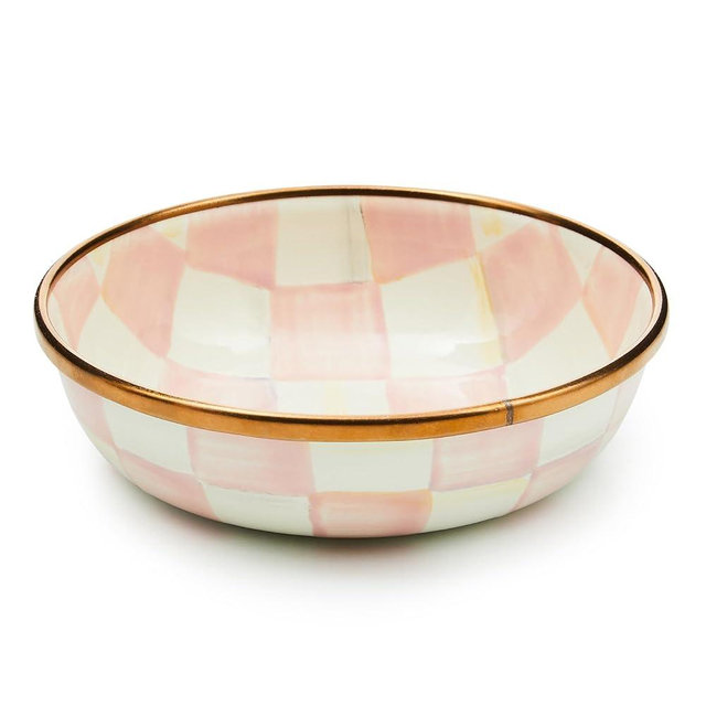 MACKENZIE-CHILDS Enamel Dipping Bowl, Small Serving Bowl for Entertaining, Pink-and-White Rosy Check