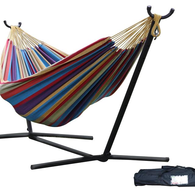 Vivere Double Hammock with Space-Saving Steel Stand, Tropical