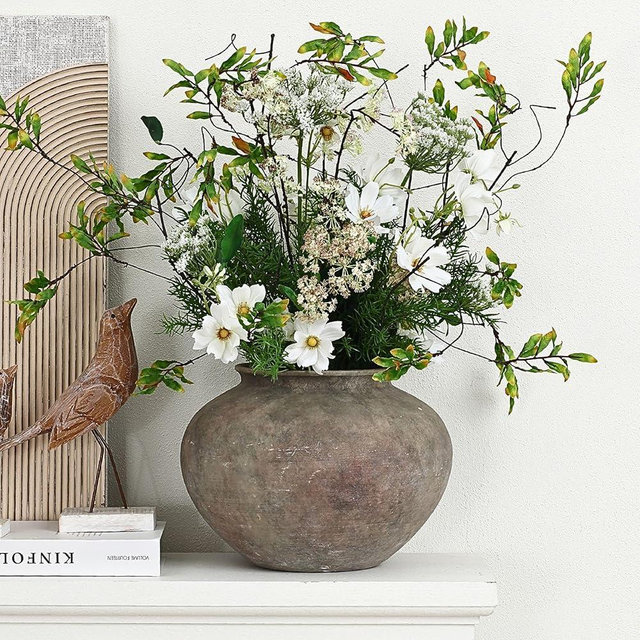 LuxenHome Rustic Ceramic Vase, 12" Wide Terracotta Pot with Earthy Gray-Brown Finish, Farmhouse Flower Vase for Shelf Dining Table Decor, Vintage Pottery for Living Room Decor, Home Décor Accents
