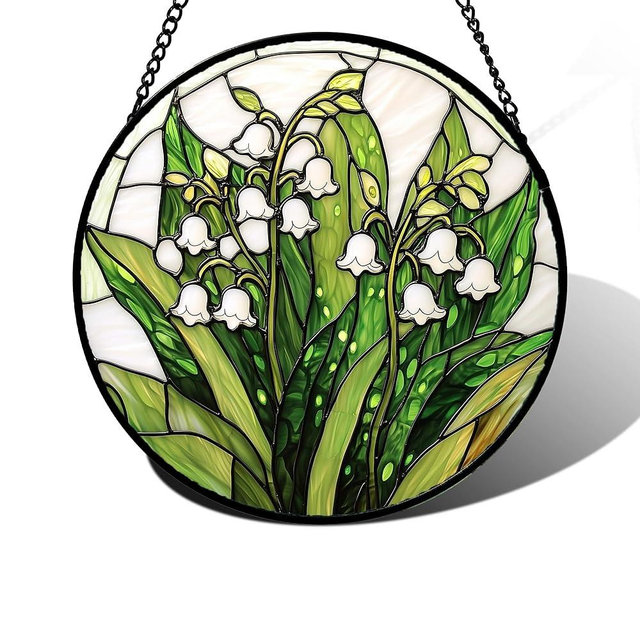 DASTOLL Stained Glass Window Hanging, Lily of The Valley Flower Sun Catchers Colorful Glass Panel Green Plants Suncatcher Decor for Birthday for Women,Men,Wife, Lovers, and Mom 6.3 in
