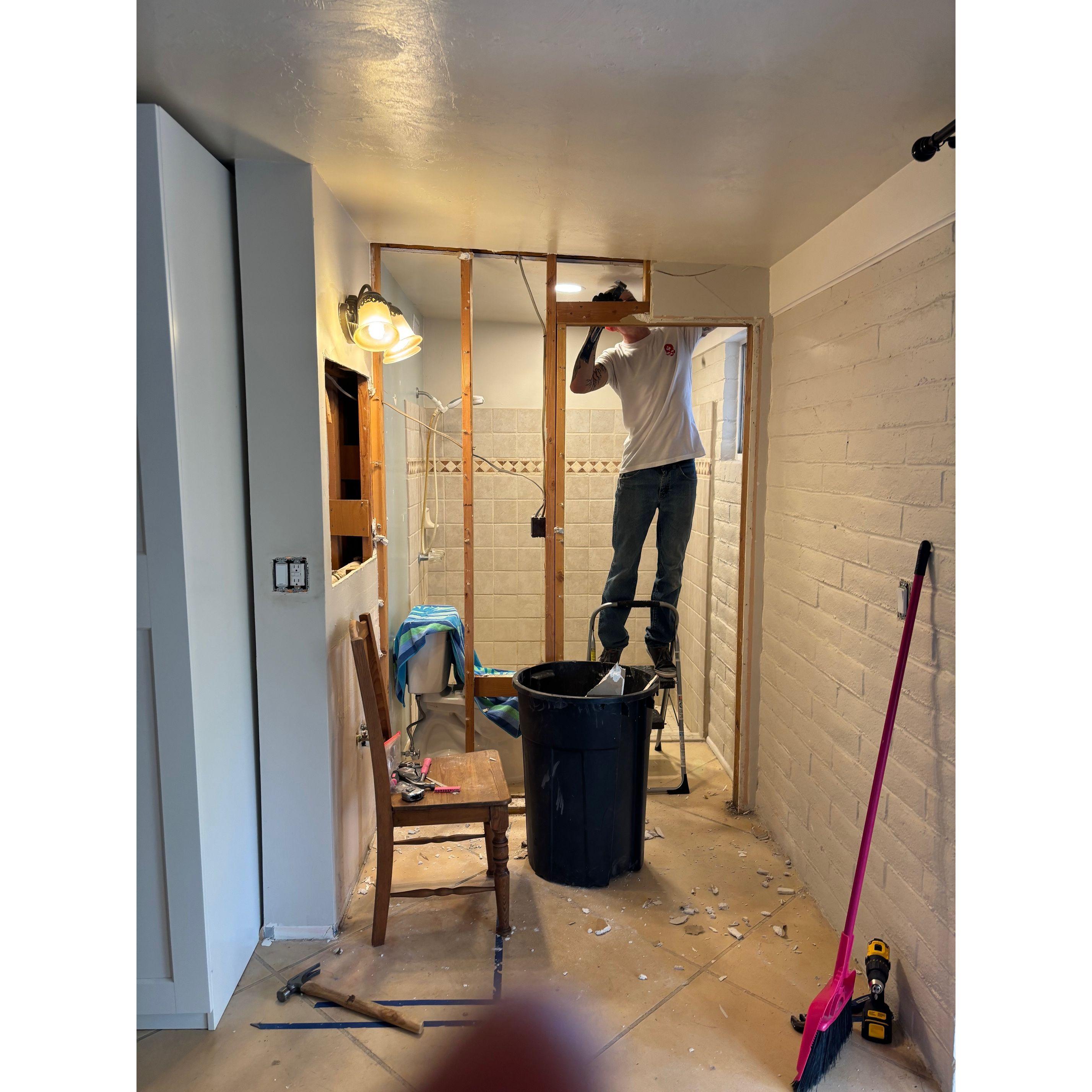 Caleb tore down a wall in about 6.7 minutes!