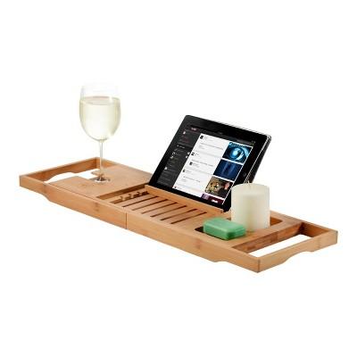 Bambusi Bamboo Bathtub Tray With Extending Sides, Reading Rack, Tablet Holder, Cellphone Tray & Integrated Wine Glass Holder.
