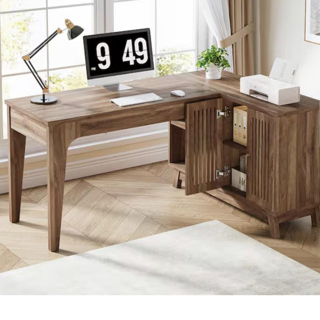 BYBLIGHT Moronia 57 in. Walnut Wood L-Shaped Desk, Computer Desk with Cabinet and Open Shelf, Corner Desk for Home Office BB-XK00749YF