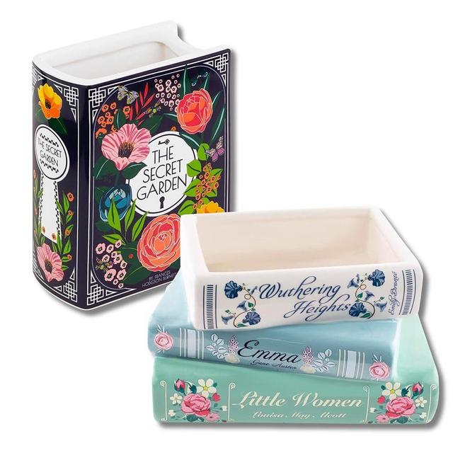 STEEL MILL AND CO. Small Bookstack Shaped Decorative Ceramic Planter with Classic Titles Bundle with Small Bookshelf Decor Book Shaped Ceramic Vase, The Secret Garden