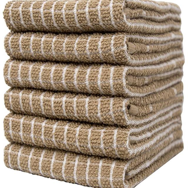 Pleasant Home Kitchen Towels (18" x 24", 6 Pack) – Check Design - Solids and Multi- 320 GSM - Super Absorbent Kitchen Towels (Tan, Solid Yarn Dyed)