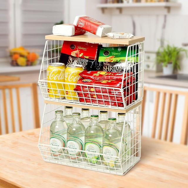 Mefirt Fruit Basket, 2-Tier Fruit Bowl for Kitchen Counter, Stackable Wall Mounted Fruit Storage, Snack Organizer, Potato and Onion Storage Basket, Hanging Pantry Storage with Wood Lid, 2 Set, White