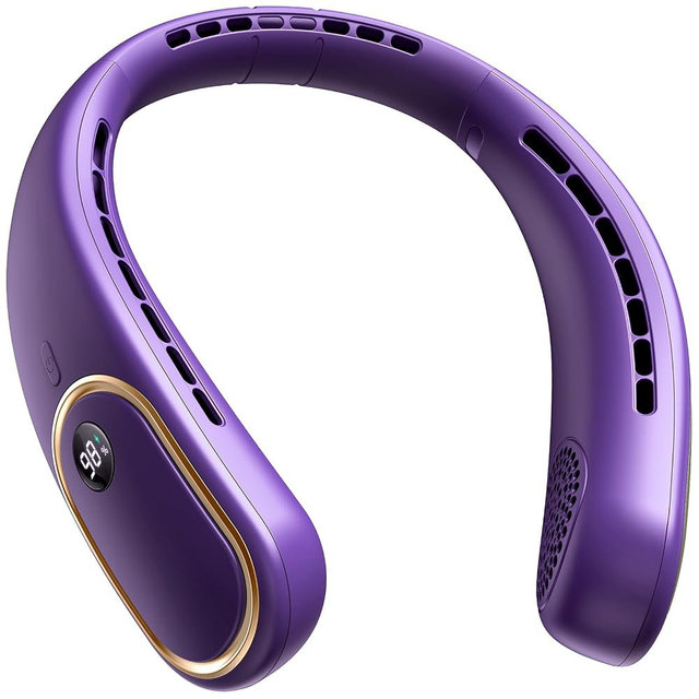 SHEWIND Portable Neck Fan - 5000mAh Rechargeable Hands-Free Wearable Fan | 4 Speeds, Bladeless & LED Display | Personal Cooling Fan for Travel, Outdoors, Camping - Purple