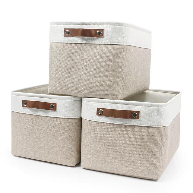 Bagnizer Storage Bins Large Fabric Storage Baskets for Shelves 3 Pack, Decorative Linen Closet Baskets with Handles for Organizing, Shelf, Clothes, Home, Office, 15x11x9.5Inches (Beige&White)