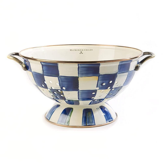 MacKenzie-Childs Royal Check Enamel Colander with Steel Underbody, Decorative Kitchen Sink Strainer, 1-Quart Drainer Bowl, Large