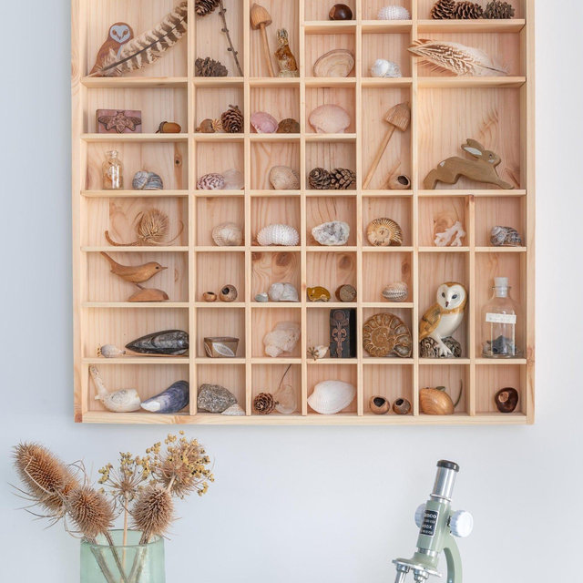Large Wooden Trinket Display Shelf | 51 Compartments | Wall Hanging Unit Shelves Organiser | Plain Unpainted Natural Decorative Wood