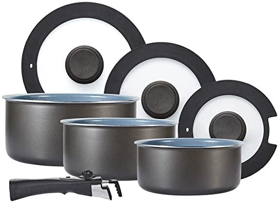 Tower Freedom T800201 7 Piece Cookware Set with Ceramic Coating, Stackable Design and Detachable Handle, Graphite, Aluminium