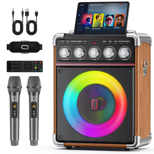 Karaoke Machine for Adults with 2 Wireless Microphones, Portable Bluetooth 5.3 Speaker with Bass/Treble/Echo Adjustment, PA System with Remote Control, Supports TWS/TV/TF Card/USB/AUX (Wood)