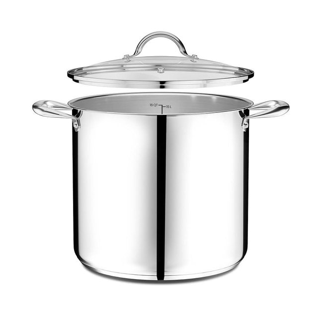 Stainless Steel Stockpot with Tempered Glass Lid 16 Quart, Durable 18/0 Stainless Steel, Impact-Bonded Base for Even Heating, Riveted Handles, Oven & All Stove Compatible, Safe Up To 500°F (260°C)