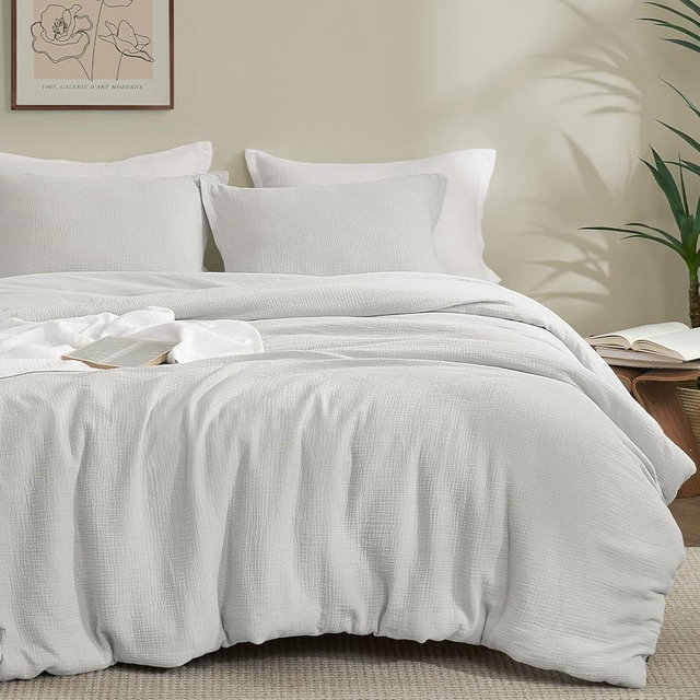 PHF Cotton Muslin Comforter Set King Size – Ultra Soft, Breathable & Lightweight Bedding Set for All Seasons, 3 Pieces - 1 Comfy Comforter 104"x90", 2 Pillow Shams 20"x36", Light Grey