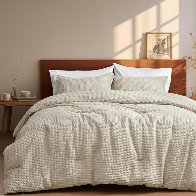 PHF 3 Pieces Waffle Weave Comforter Set Queen Size, Lightweight Breathable Comfy Bedding Set for All Season, Ultra Soft Textured Comforter Set with 2 Pillow Shams, Linen