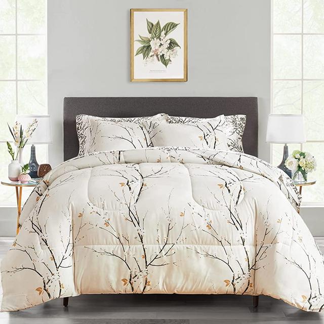 UOZZI BEDDING Cream White Bed in a Bag King 7 pc Branch Style All Season Soft Microfiber Reversible Bed Comforter Set (1 Comforter 2 Pillow Shams 1 Flat Sheet 1 Fitted Sheet 2 Pillowcases)