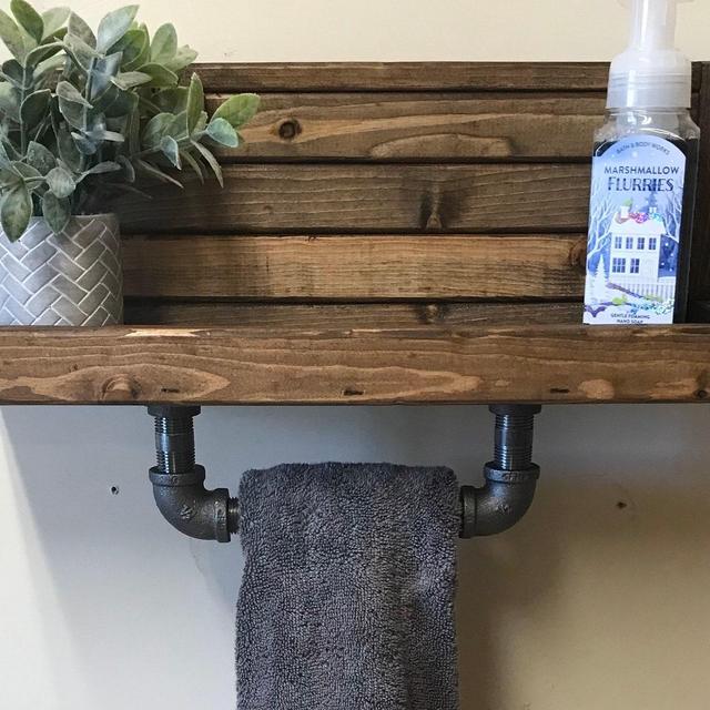 Rustic modern industrial handmade with real wood urban farmhouse style Bathroom shelf with hand towel holder