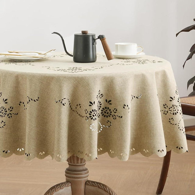 Wracra Macrame Waterproof Table Cloth, Farmhouse Linen Style Round Table Cover, Wrinkle Resistant Washable Indoor Outdoor Table Cloth (Khaki, Round 48")