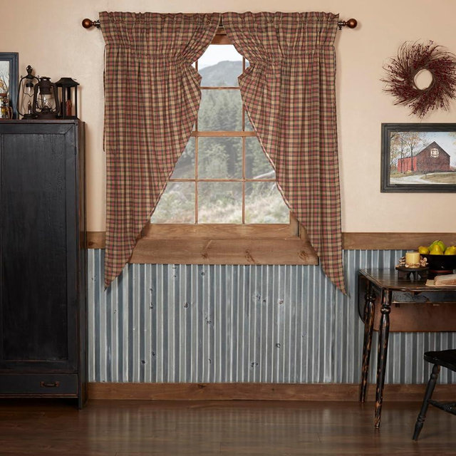 VHC Brands Crosswoods Plaid Cotton Primitive Curtains Rod Pocket Drawstring Ties Prairie Panel Pair, Natural Tan