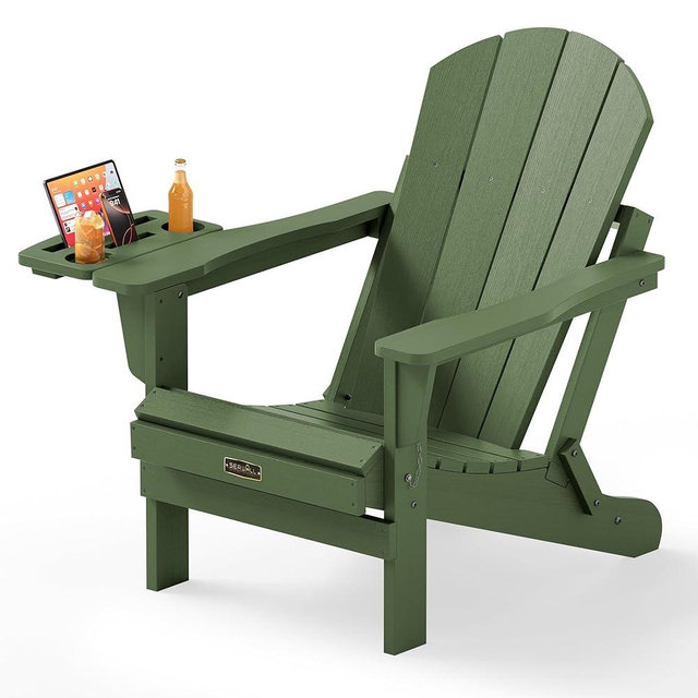 SERWALL Folding Adirondack Chair, Paito Adirondack Chairs with 4-in-1 Multi-Functional Cup Holder, Outdoor Chairs, All Weather Fire Pit Chair for Garden, Poolside, Backyard, Lawn - Army
