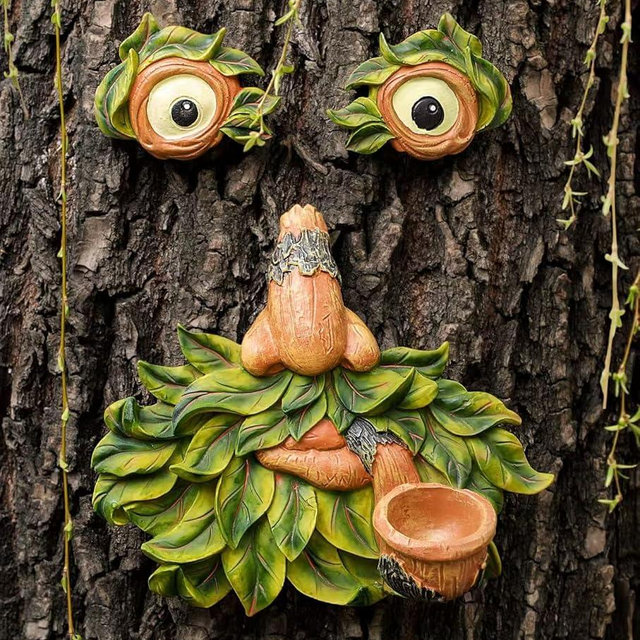 Flytime Tree Face Garden Decor with Bird Feeder - 12 Inch Whimsical Outdoor Statue, Weather Resistant Resin Tree Hugger Art for Yard & Garden