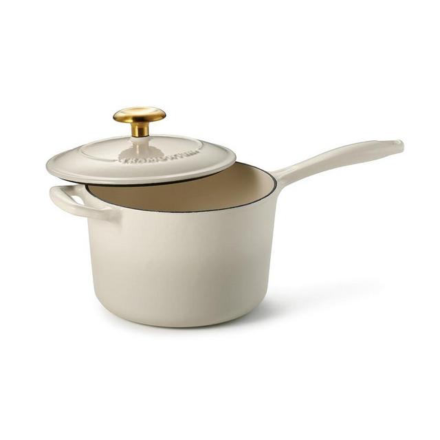 Tramontina Bestow Enameled Cast Iron Sauce Pan with Lid, 2.5-quart, Latte with Gold Knob