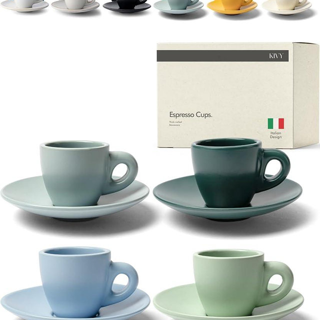 KIVY Espresso Cups Set of 4 [Set 4x 3oz]- Espresso Set Thick Walled Stoneware Espresso Cup Set - Italian Style Espresso Cups and Saucers - Coffee Mugs - Pastell Green, Blue