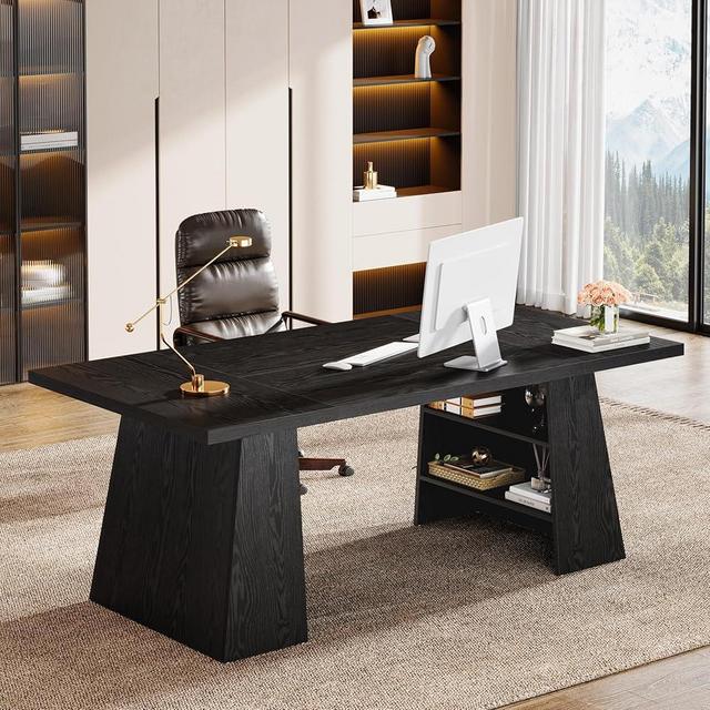 Tribesigns 63-Inch Executive Desk, Modern Large Office Computer Desk with Double Pedestal and Storage Shelves, Simple Writing Conference Table Workstations Business Furniture for Home Office, Black