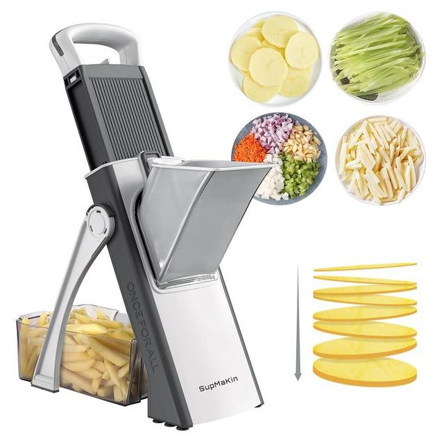 SupMaKin Upgrade Safe Mandoline Slicer, Bigger Size Adjustable Vegetable Chopper,Potato Food Slicer Fry Cutter, Kitchen Chopping Artifact (GrayWhite)