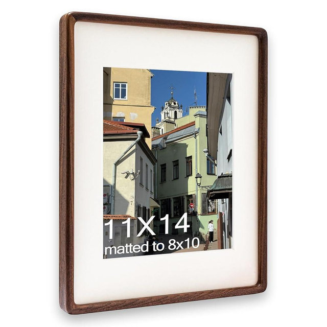 Husteria 11x14 Frame, Solid Walnut Wood Poster Frame with Mat for 8x10 or 11x14 without Mat, Rounded Corner Walnut Wooden Frame, Gallery Wall Frames for Art, Horizontal or Vertical Wall Mounting