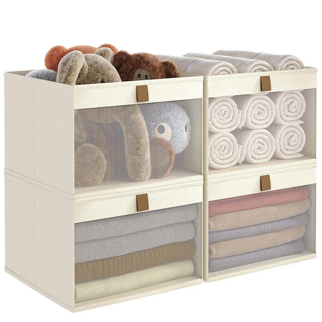 COYACOOL Storage Bins with Clear Window, Linen Closet Organizers and Storage, Closet Storage Shelves Box, Foldable Cloth Basket for Towels, Books, Toys, 10.75" x 10.75" x 7.5", Beige, 4-pack