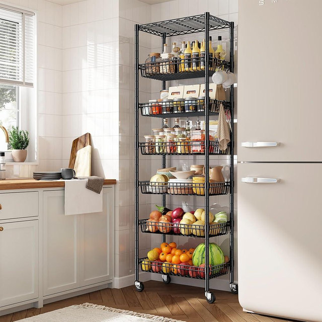 DurayLoly 7 Tier Wire Shelving Unit with Wheels 72" H Adjustable Basket Shelf Storage Shelves with Hooks for Kitchen Bathroom Garage Closet Laundry Room Organization 72" H x 24" W x 14" D, Black