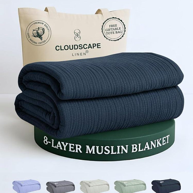 CLOUDSCAPE 8 Layer Muslin Blanket Twin Size for Adults - 100% Cotton Gauze Summer Blanket, 68"x92" Fits Upto TwinXL Size Bed, Light Weight Breathable Soft, All Season Spring- Ensign Blue