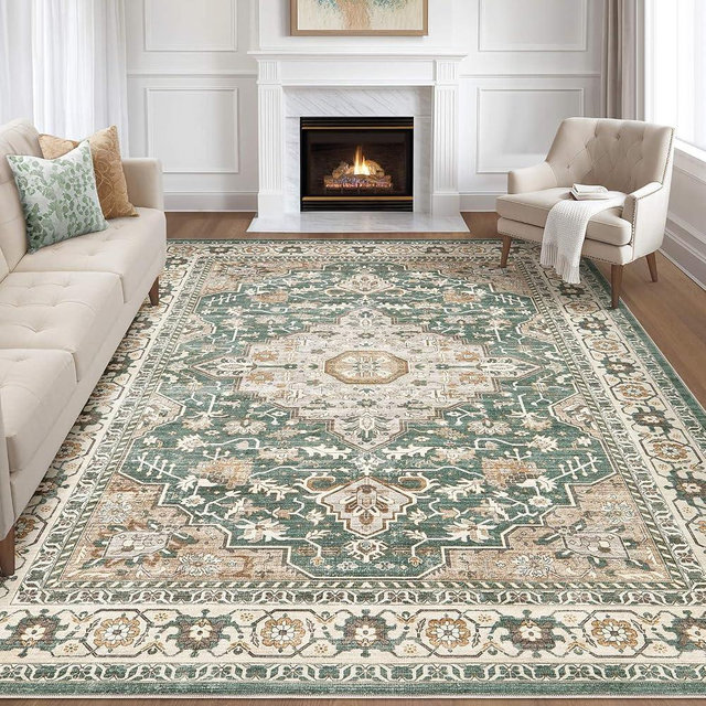9x12 Area Rug Living Room: Machine Washable Boho Large Vintage Soft Rugs Stain Resistant Farmhouse Oriental Non Slip Indoor Floor Carpet for Bedroom Nursery Kids Playroom Office Dining Room- Green